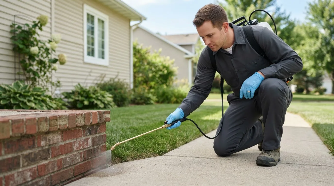 Pest control technician treating a home near Tioga, ND