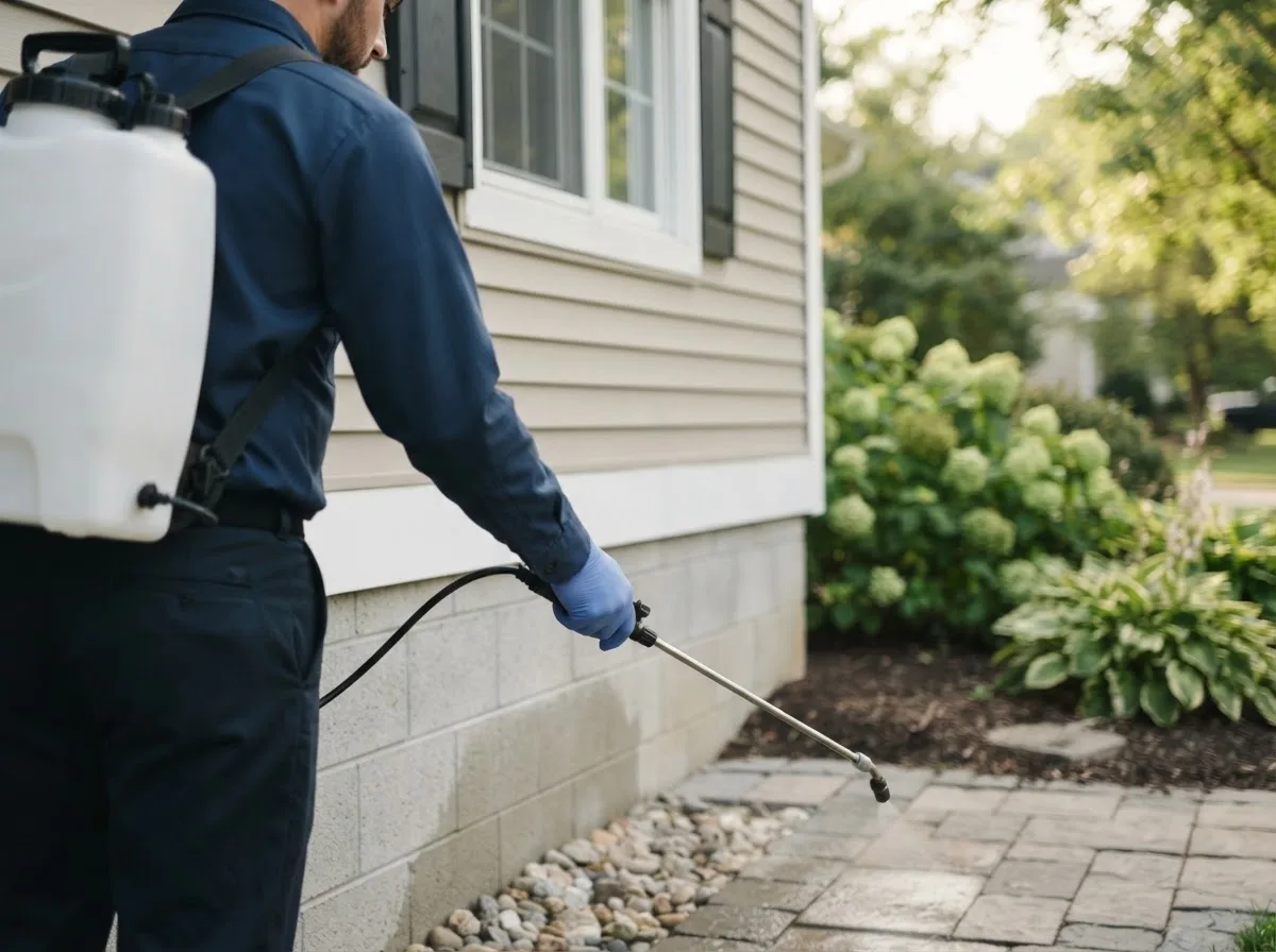 Pest control technician inspecting a home in Tioga, ND